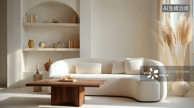 【AI数字艺术】现代简约客厅：日式与斯堪的纳维亚融合的静谧空间图片素材