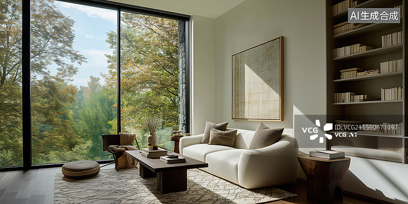 【AI数字艺术】北欧风极简中性客厅：卷毛呢沙发与自然光影的交融图片素材