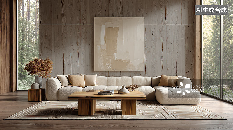 【AI数字艺术】北欧风极简中性客厅：卷毛呢沙发与自然光影的交融图片素材