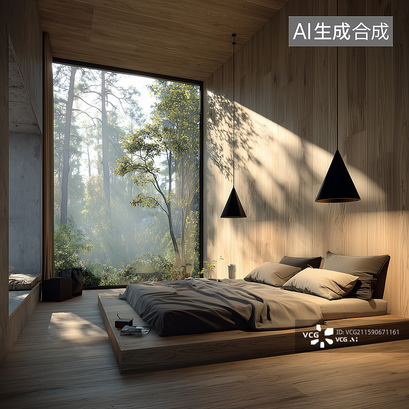 【AI数字艺术】现代简约木质卧室设计图片素材