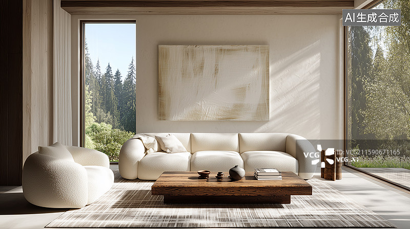 【AI数字艺术】北欧风极简中性客厅：卷毛呢沙发与自然光影的交融图片素材