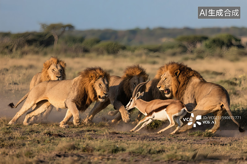 【AI数字艺术】非洲草原，狮群正在围猎一只落单的剑羚羊图片素材