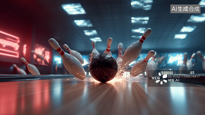 【AI数字艺术】保龄球撞击保龄球瓶瞬间图片素材