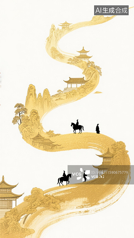 【AI数字艺术】金色河流上的旅程图片素材