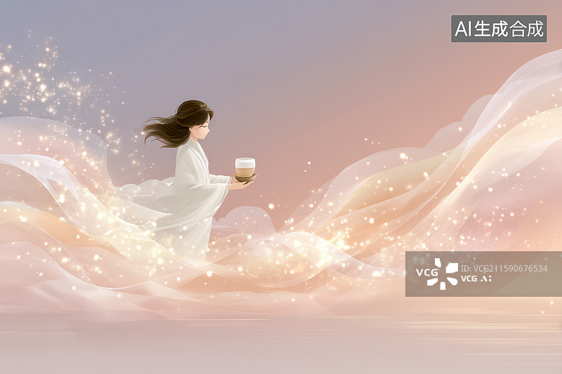 【AI数字艺术】飘逸女子持杯漫步梦幻云海图片素材