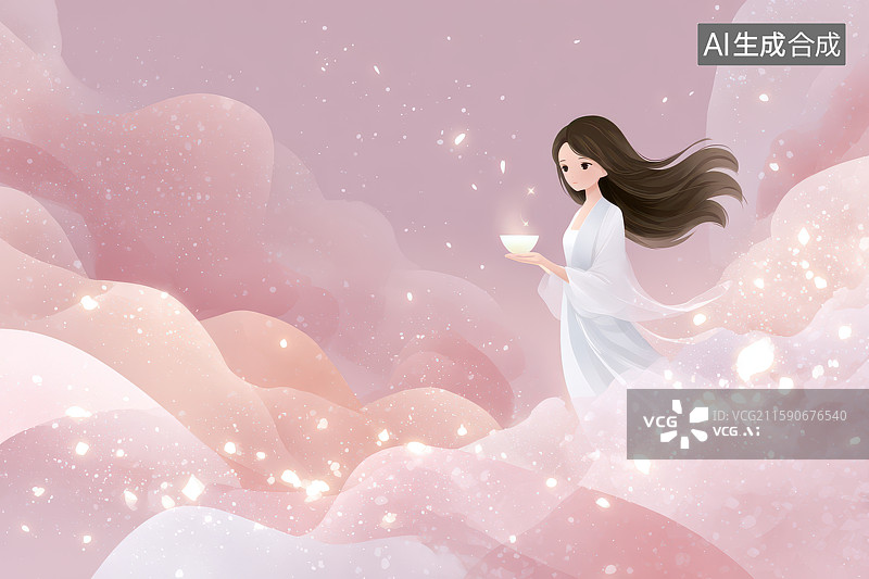 【AI数字艺术】飘逸女子持杯漫步梦幻云海图片素材