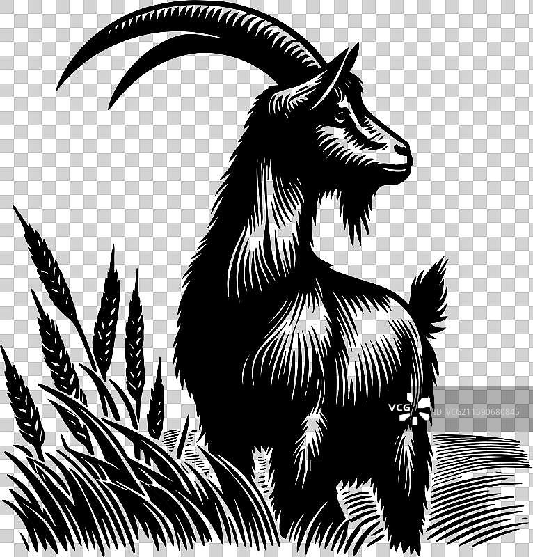 简单的拉曼查山羊放牧图标设计，复古风格图片素材