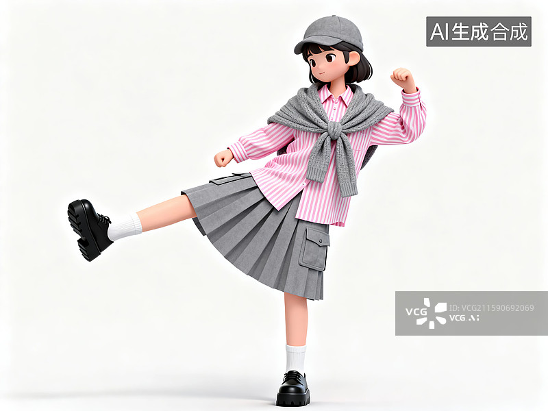【AI数字艺术】踢腿俏皮的3D灰毛衣披肩百褶裙美女图片素材
