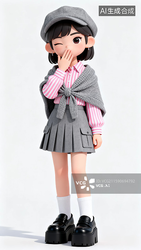 【AI数字艺术】捂嘴姿势的3D灰毛衣披肩百褶裙美女图片素材