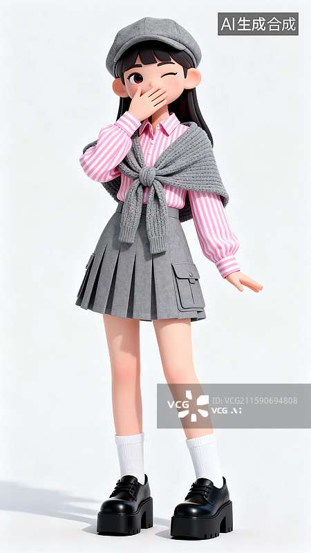 【AI数字艺术】捂嘴姿势的3D灰毛衣披肩百褶裙美女图片素材
