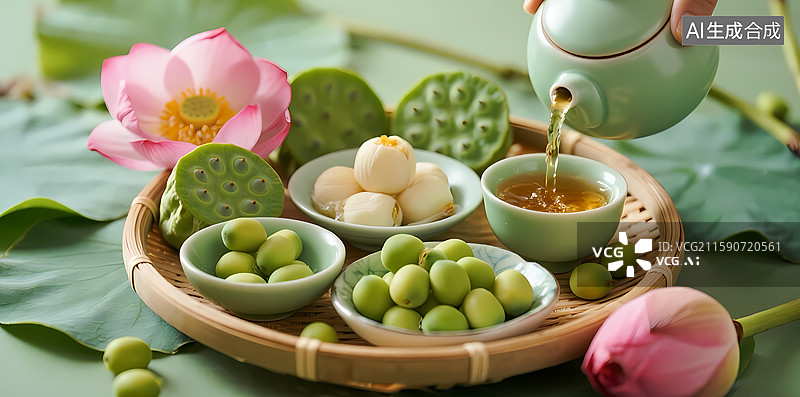 【AI数字艺术】莲蓬青梅茶艺，静谧自然之美图片素材