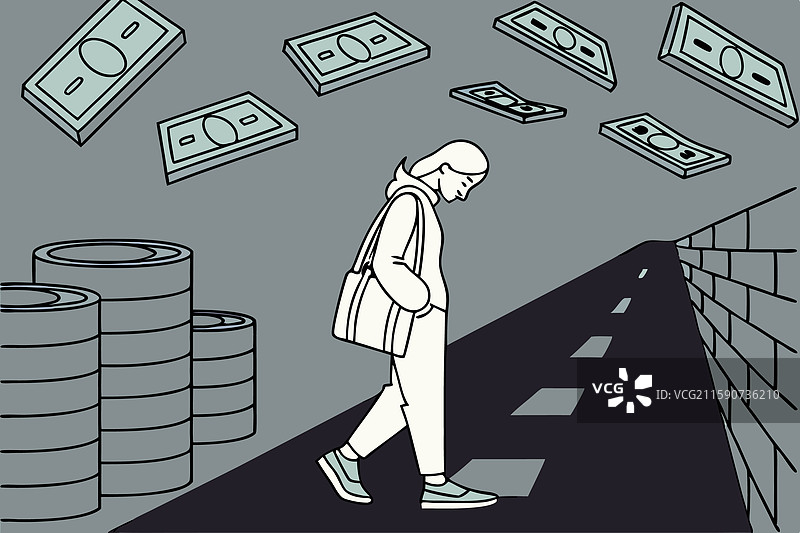 一个人在孤独的小路上，钱币纷纷落下图片素材