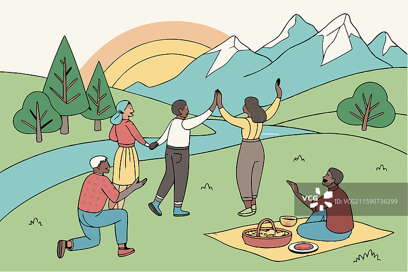 一个充满活力和快乐的野餐场景，围绕着一群人图片素材