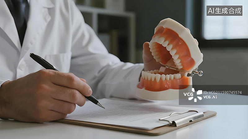 【AI数字艺术】牙医手持牙齿模型并记录信息图片素材
