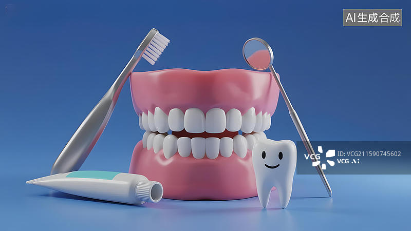 【AI数字艺术】牙齿模型与牙刷、牙膏和牙科工具图片素材