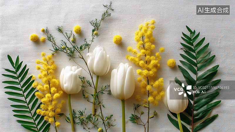 【AI数字艺术】象牙色背景上的清新花卉布局图片素材