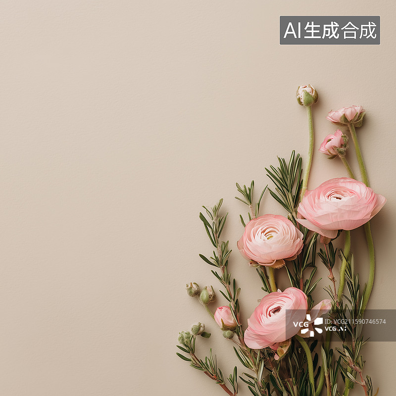 【AI数字艺术】极简植物场景：产品背景的宁静花艺图片素材