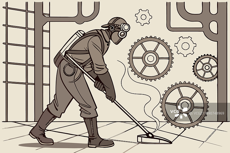 蒸汽朋克风格的清洁工在工厂里拖地图片素材
