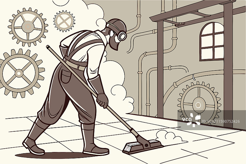 穿着蒸汽朋克风格服装的工人正在使用拖把图片素材