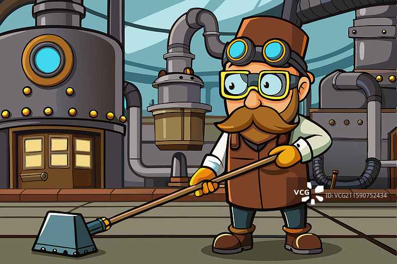 复古蒸汽朋克风格的清洁工在清理工厂地板图片素材