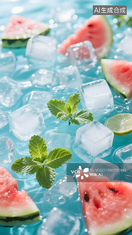 【AI数字艺术】冰水里的西瓜图片素材