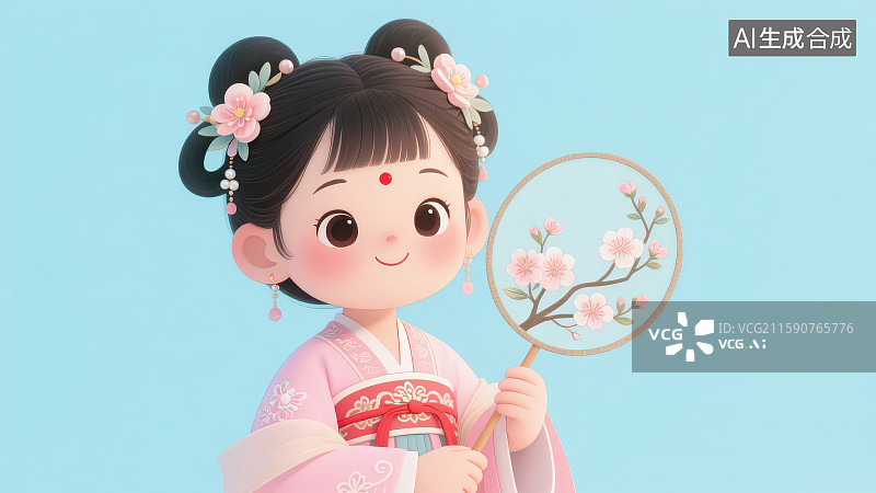 【AI数字艺术】拿着带有梅花图案的古风圆扇穿着古代服装的卡通古风女孩图片素材