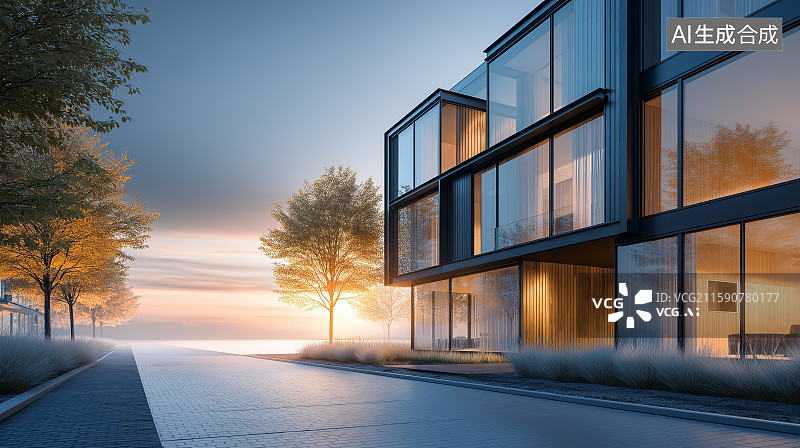 【AI数字艺术】汽车广告背景图——现代风格商务办公玻璃幕墙建筑与城市街道图片素材