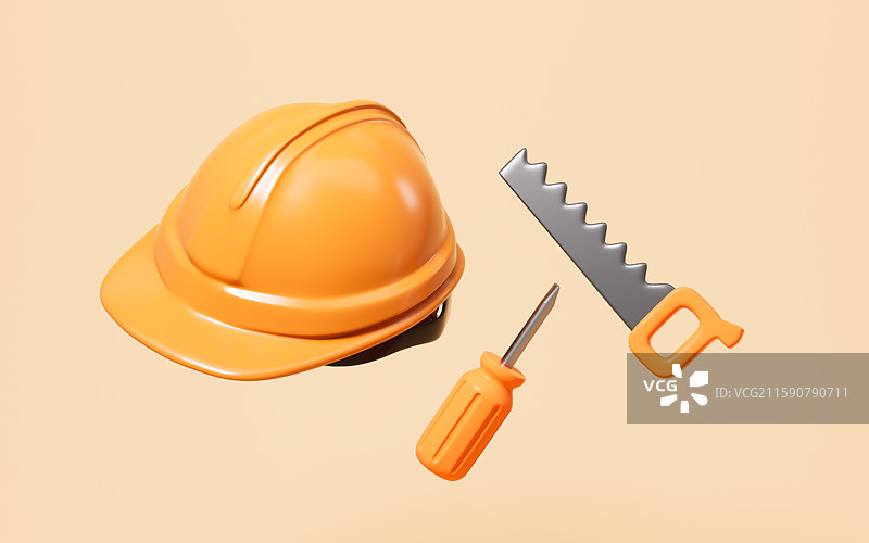 卡通安全头盔和修理工具3D渲染图片素材
