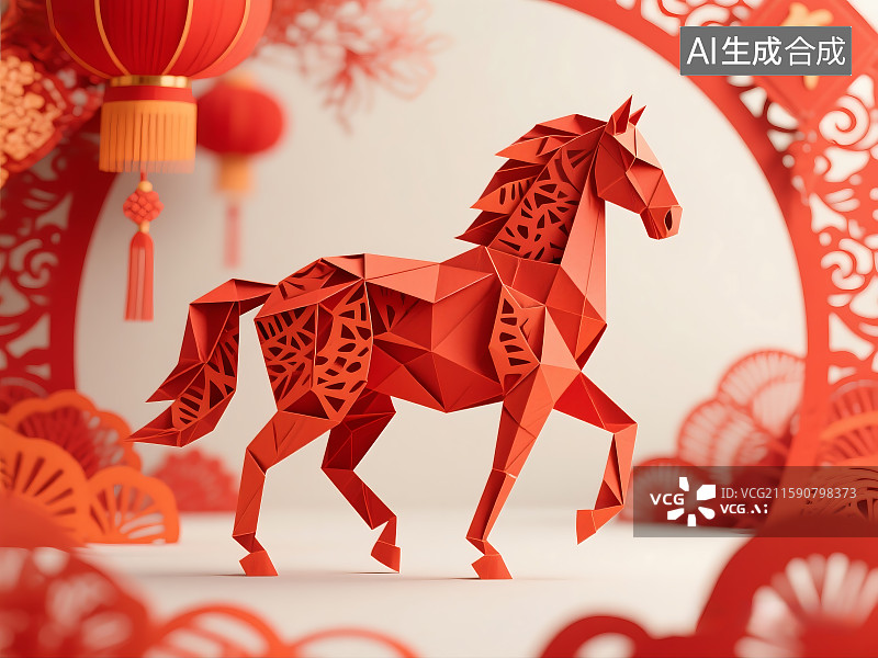 【AI数字艺术】马年生肖立体折纸剪纸艺术 吉祥喜庆 农历新年 春节图片素材