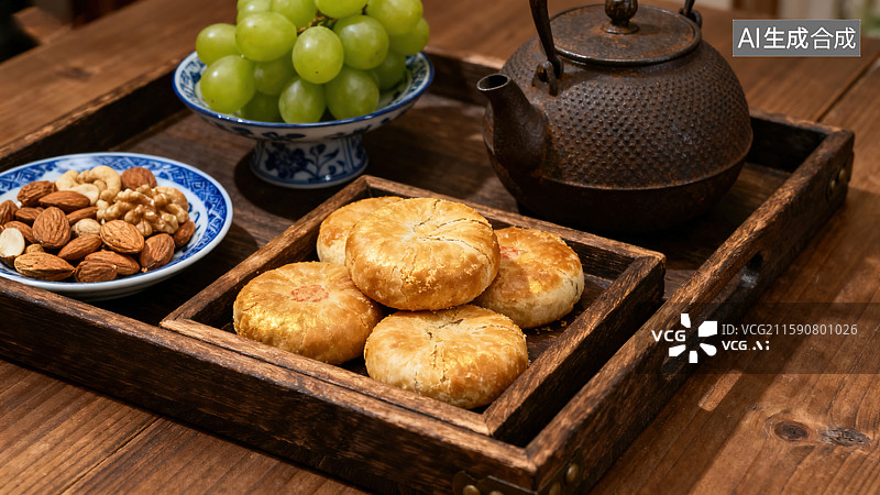 【AI数字艺术】木盘里的茶点、坚果与绿葡萄图片素材