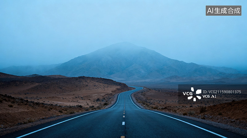 【AI数字艺术】蓝色调雾气中山脉旁的蜿蜒沙漠公路图片素材