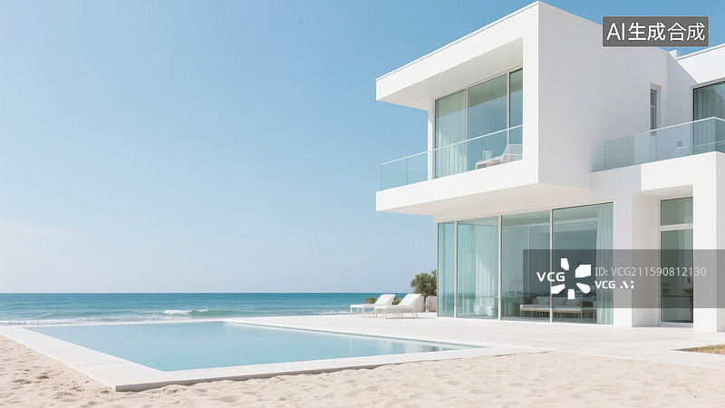 【AI数字艺术】现代海滨别墅与泳池图片素材