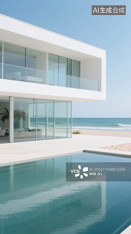 【AI数字艺术】现代海滨别墅与无边泳池图片素材