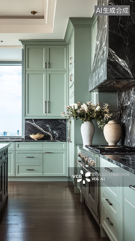 【AI数字艺术】现代厨房设计，绿色橱柜与大理石台面图片素材