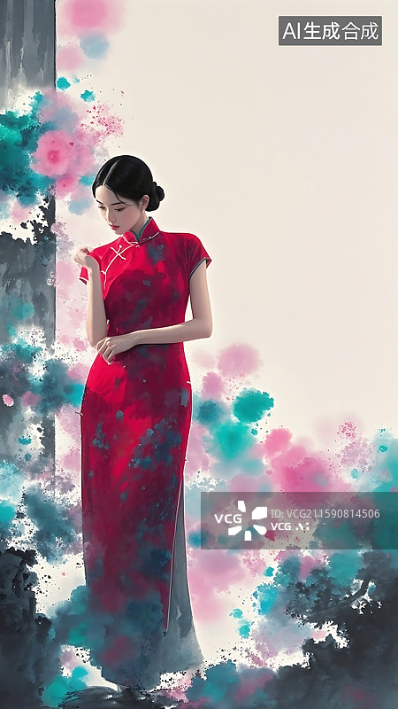 【AI数字艺术】红衣旗袍女子与水墨晕染图片素材