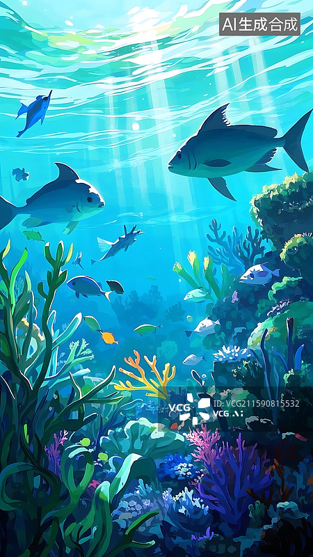 【AI数字艺术】绚烂海底世界，鱼群与珊瑚的和谐共舞图片素材