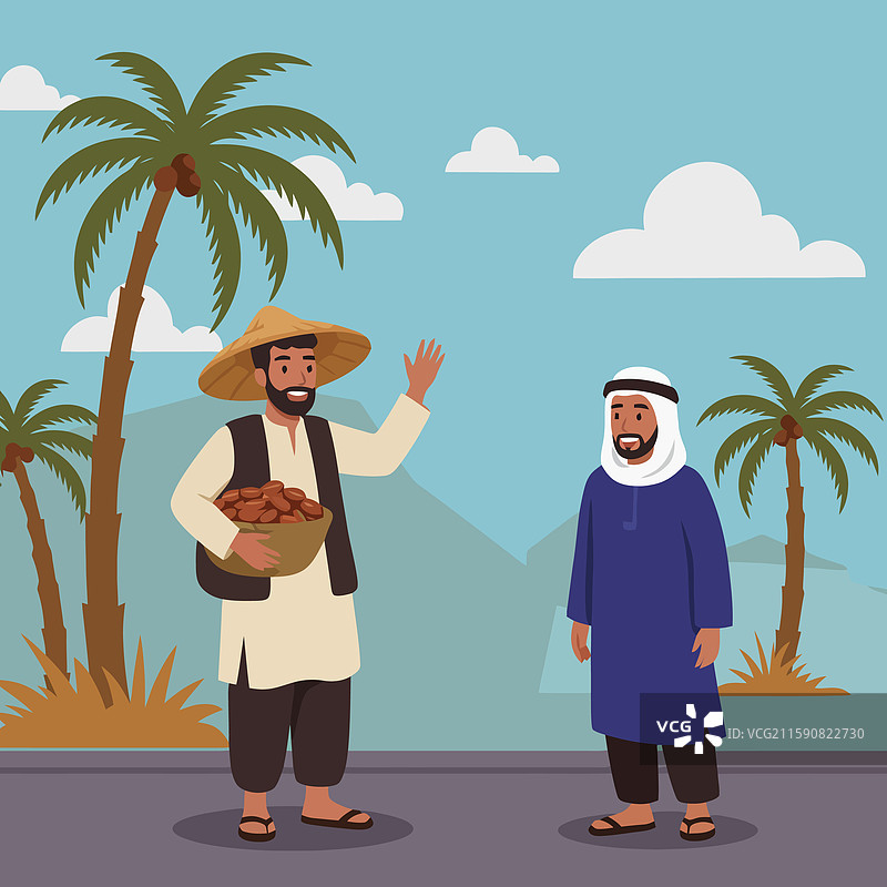 一个卖枣的男人向一位阿拉伯人挥手。图片素材