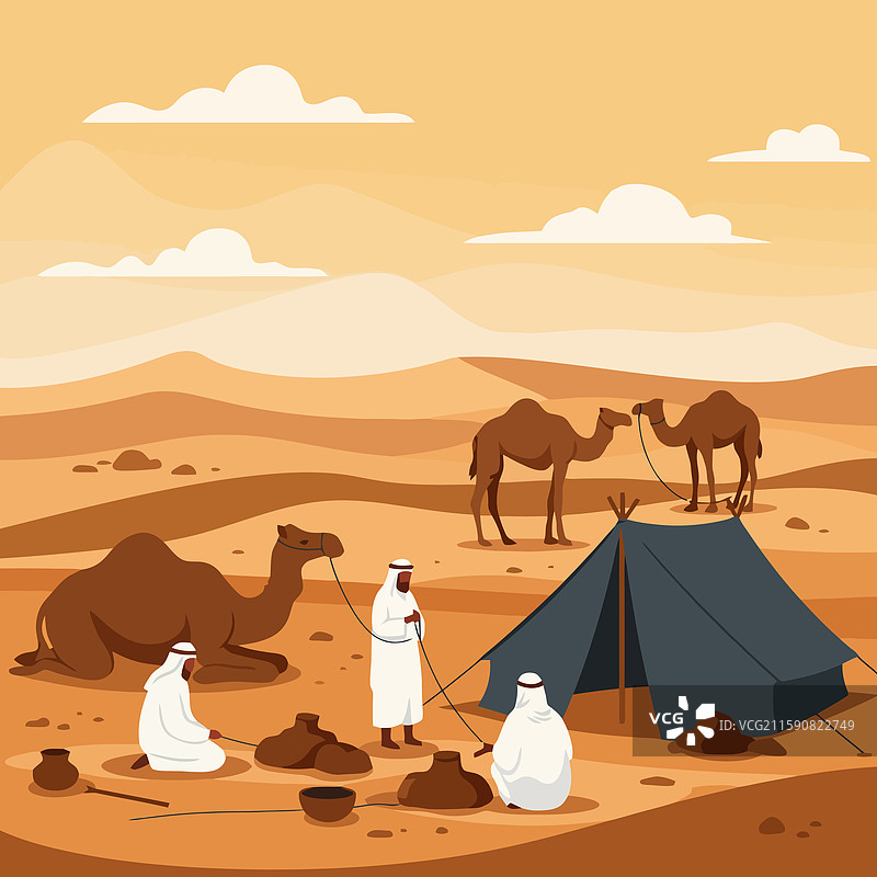 沙漠营地，骆驼和人们在休息图片素材