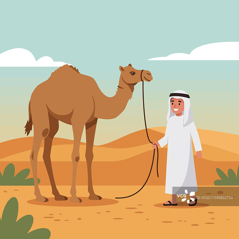 在沙漠风景中与骆驼站立图片素材