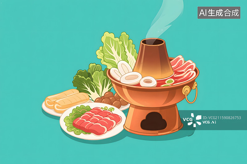 【AI数字艺术】老北京铜炉火锅插画图片素材