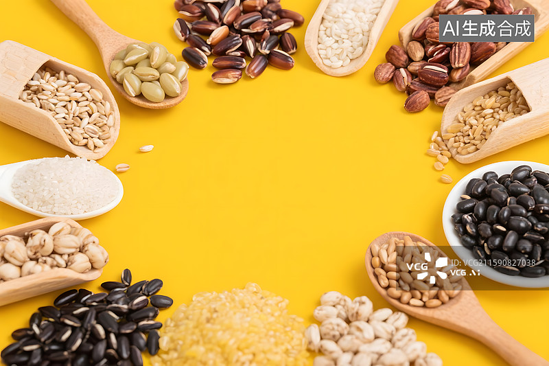 【AI数字艺术】黄色背景，种类丰富的五谷杂粮图片素材