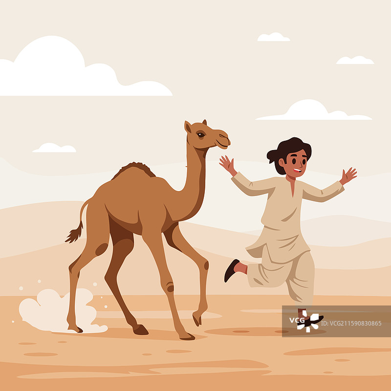 跑步的小男孩与骆驼的卡通场景图片素材