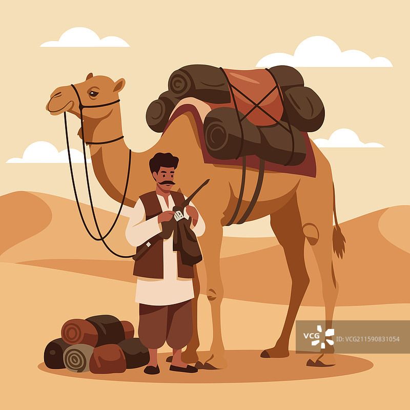 沙漠中有骆驼和人，旁边有补给和沙子图片素材