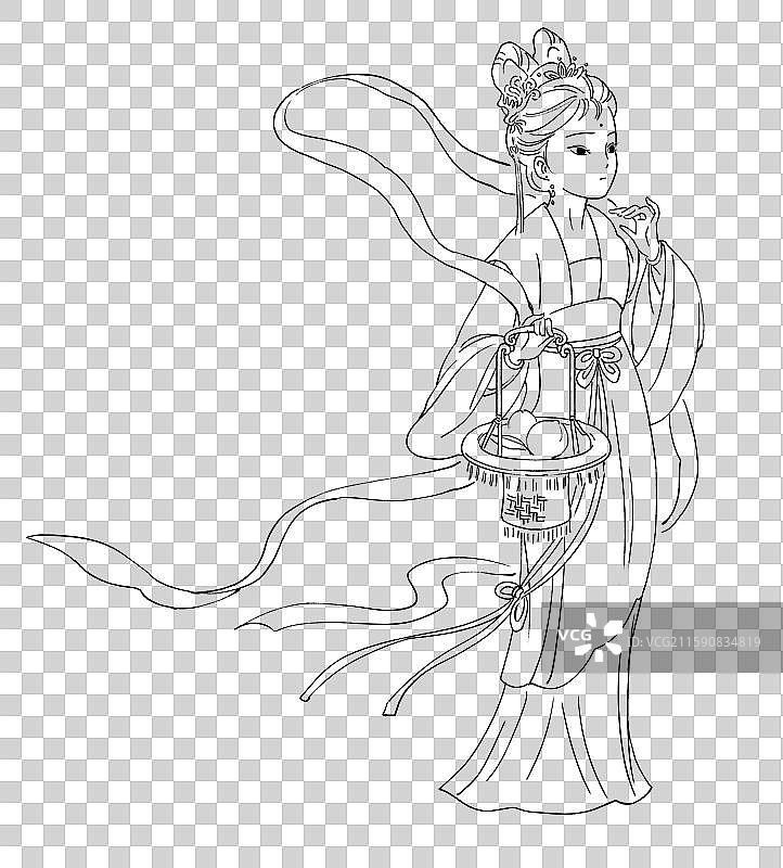 西游记七仙女拿着篮子采摘蟠桃水墨线稿图片素材