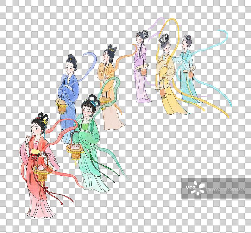 西游记七仙女拿着篮子采摘蟠桃水墨卡通元素图片素材