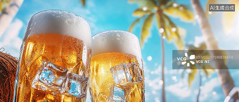 【AI数字艺术】沙滩上的冰啤酒图片素材
