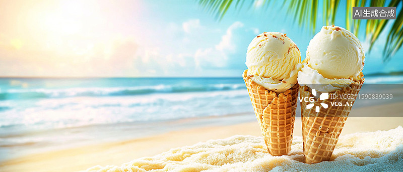 【AI数字艺术】沙滩上的甜筒冰淇凌图片素材