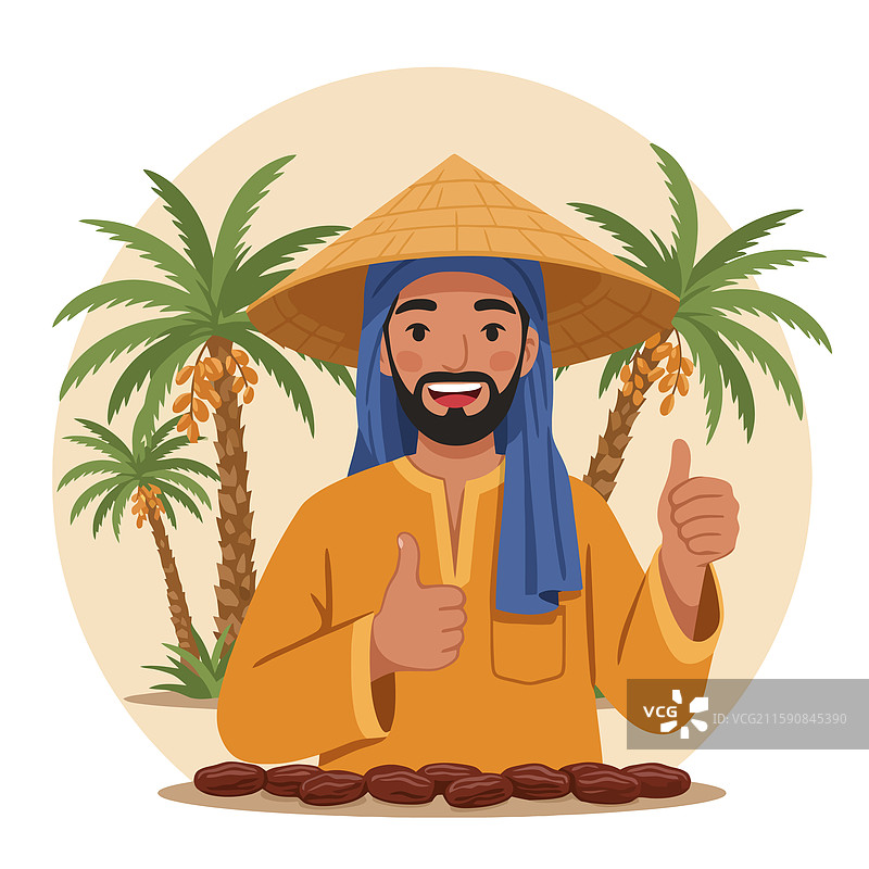 男子在棕榈树旁竖起大拇指，身边有日期牌。图片素材