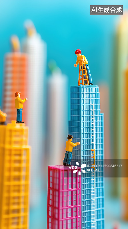 【AI数字艺术】微缩移轴各色工服的工人在林立的色彩斑斓高楼上攀爬站立协作搭建图片素材