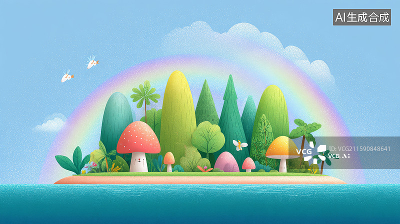 【AI数字艺术】彩虹环绕的彩色小岛图片素材